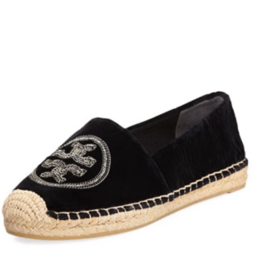 Tory Burch black velvet suede espadrilles